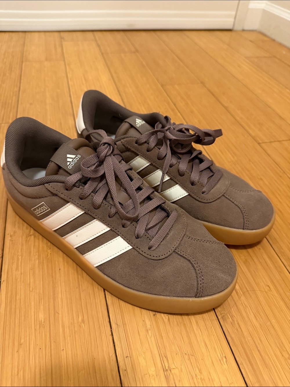 adidas brown sneaker with White Stripes and Gum Sole